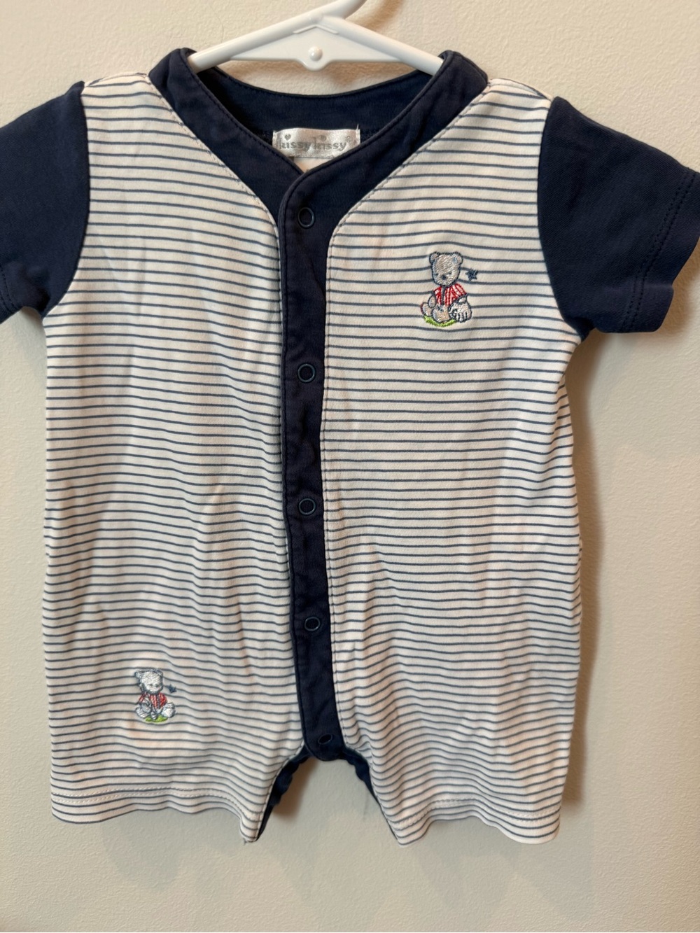 Kissy Kissy 0-3M Navy Stripe Teddy Bear Shortall Romper